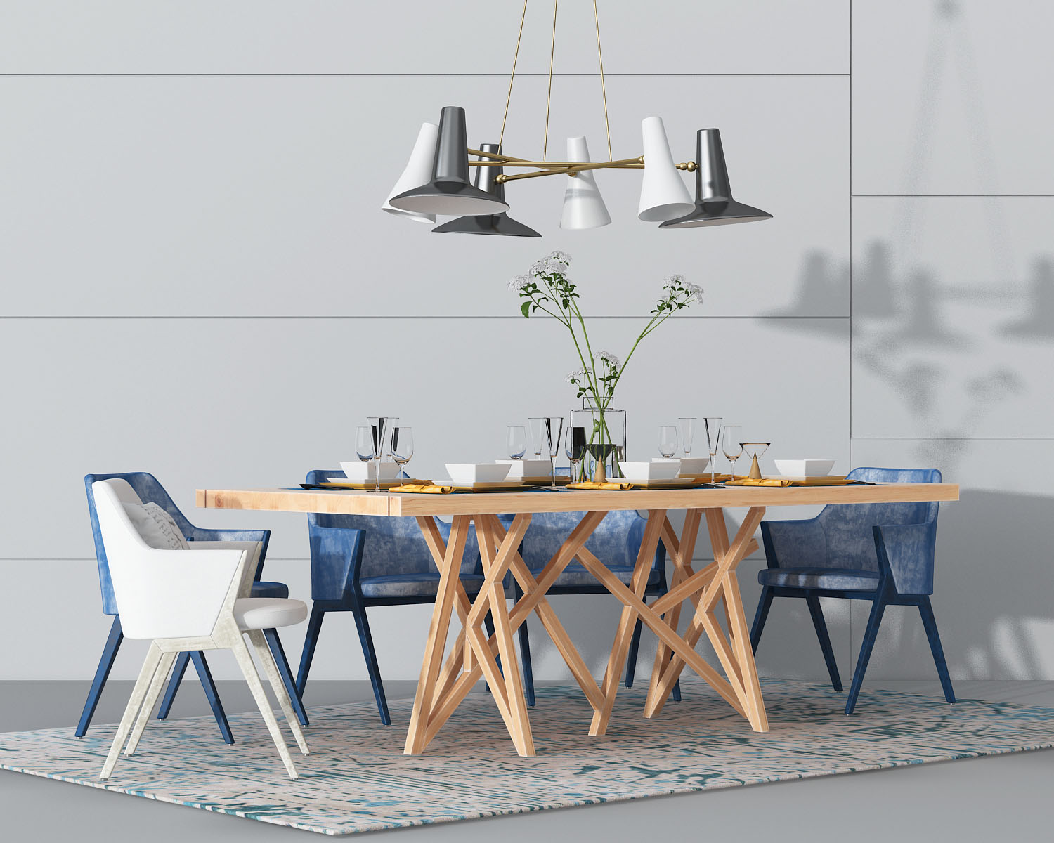 桌椅组合, 餐桌椅, 吊灯, 餐具, 北欧